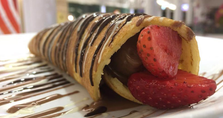 pancake wrapped with strawberry and chocolate